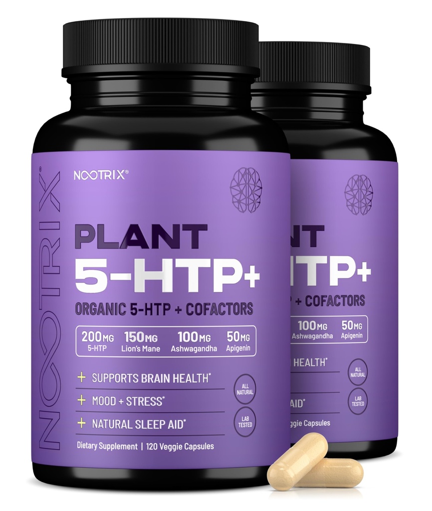 Nootrix Organic Plant 5 HTP + Support: 124; Supports Memory, Mental Focus, Cognitive Health & Energy 124; Promotes Healthy Mood & Brain Fungsi 124; Vitamin B6 & L Theanine 124; 240 Capsules