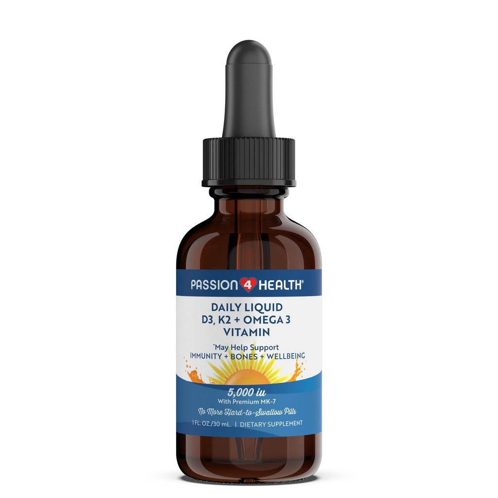 Passion 4 Health Organic Liquid Vitamin D3 K2 (Mk-7) + Omega 3 Suplemen - Limid Vitamin D Drops (5000IU) - Dukungan untuk Healthy Bones dan Muscles