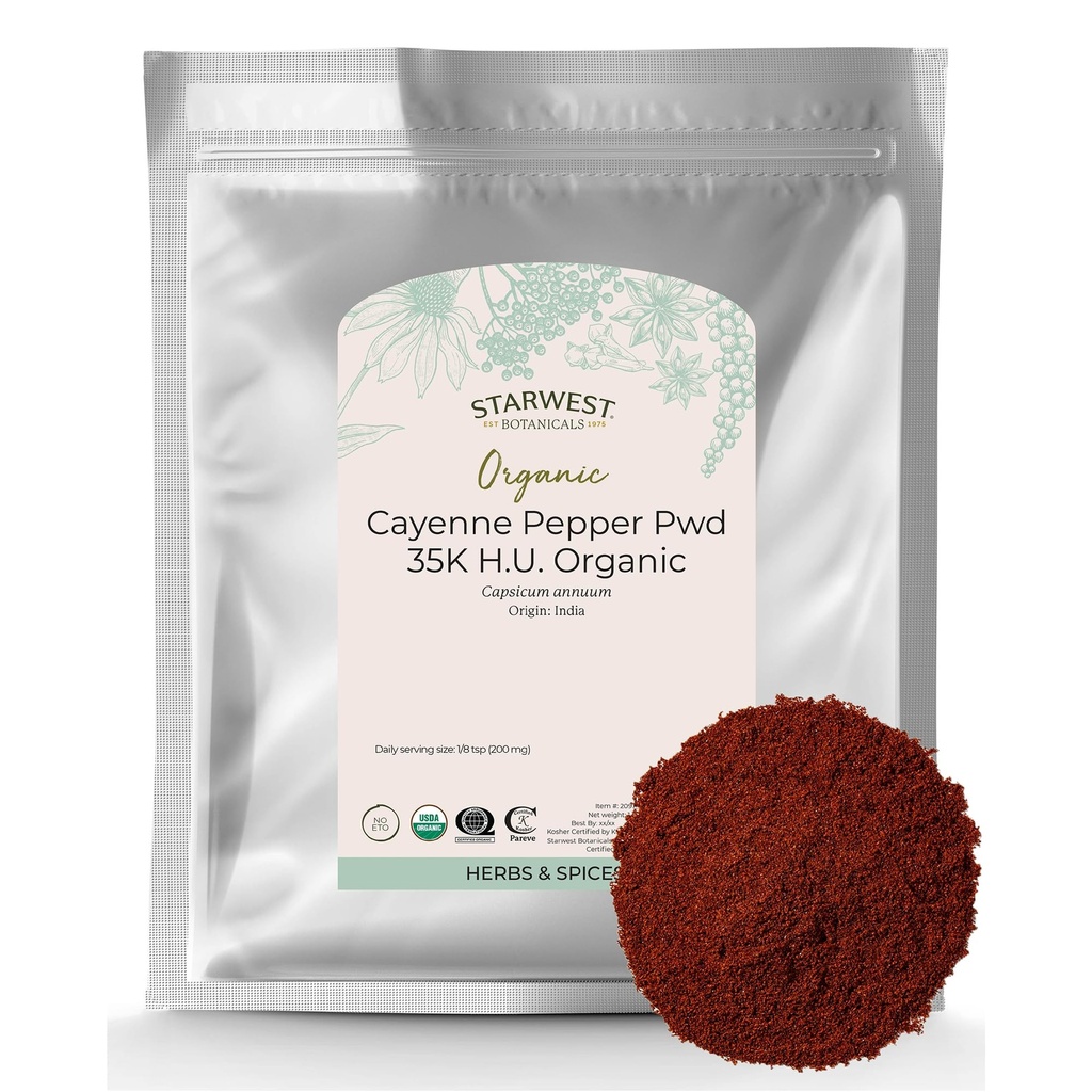 Starwest Botanicals Organicals Cayenne Pepper Powder 35k HU - Adds Heat, Red Pepper Spice for Seasoning & Marinades, Derived from Capsaicin, Cerdened Kosher, Non-GMO