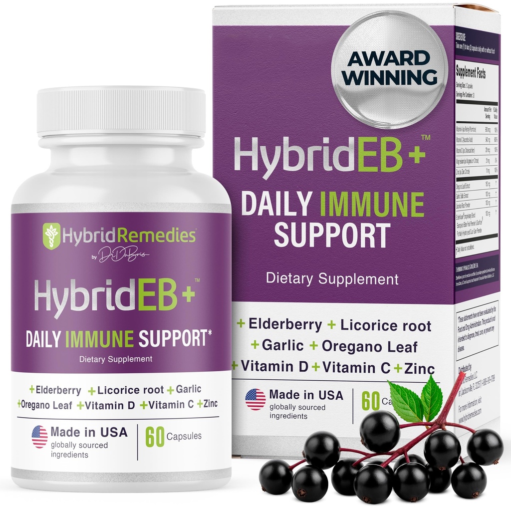 HibridEB Sambucus Elderberry Immune Dukungan dengan Vitamin C, Zinc, Vitamin D3 - Antioksidant & Suplai Kebal 1 Bulan - 9 dalam 1 Anak-Anak Hitam Elderberry dan Dewasa - 60 Capsules