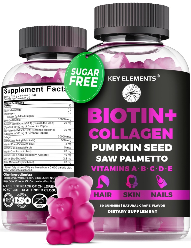 Skin dan Nails 1000mcg Gummies & Collagen Gummies - Biotin Vitamin untuk Poil Pumpkin Tumbuh Rambut, Melihat Palmetto Ekstrak & Vitamin A B6 C D E - Biotin dan Collagen Suplemen