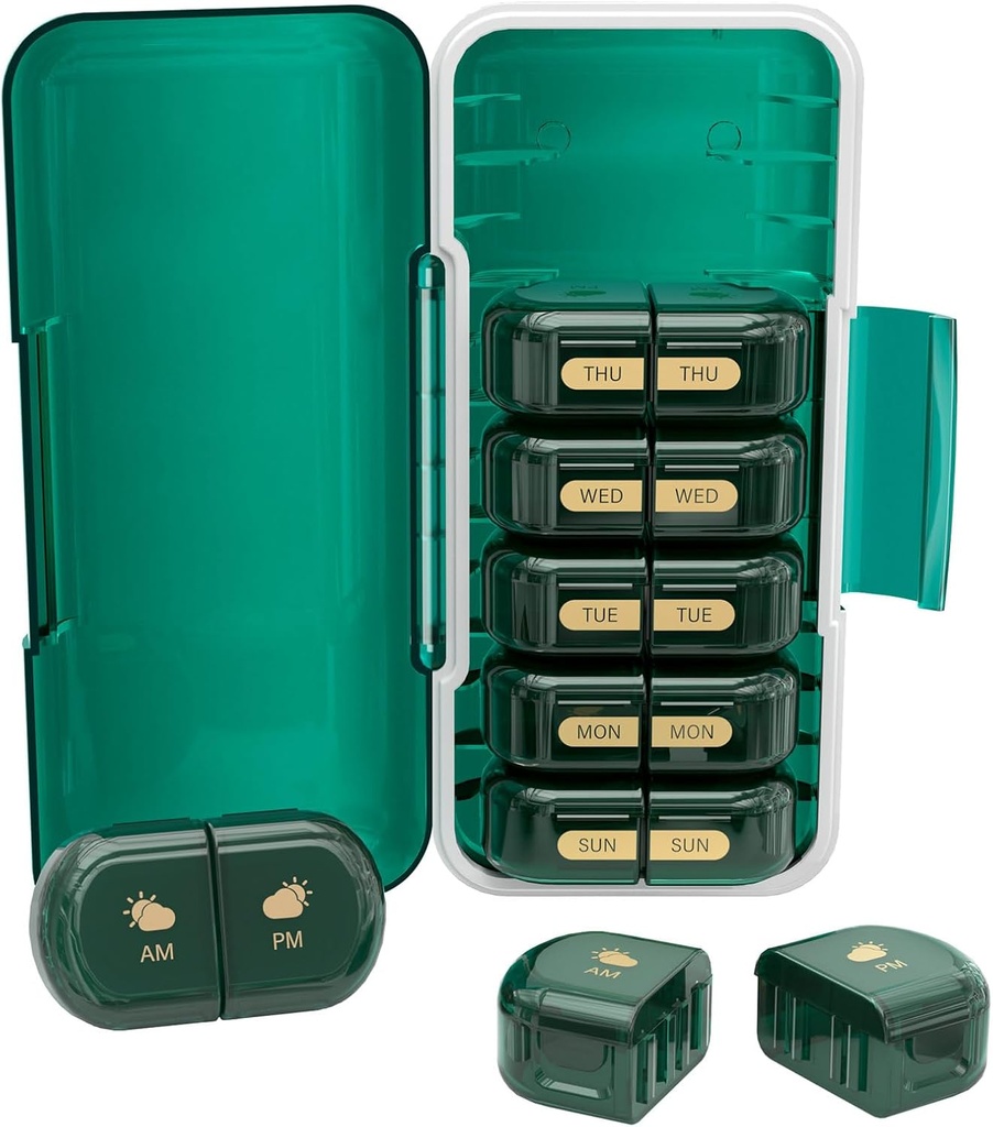 Weekly Pill Organizer 2 Times sehari, Moisture- Bukti, Kompartemen Terpisah, AM PM Pil Box 2X 7 Day, Travel Pill Organizer for Pills / Fish Oil / Medication / Vitamin / Suplemen (Dark Green)