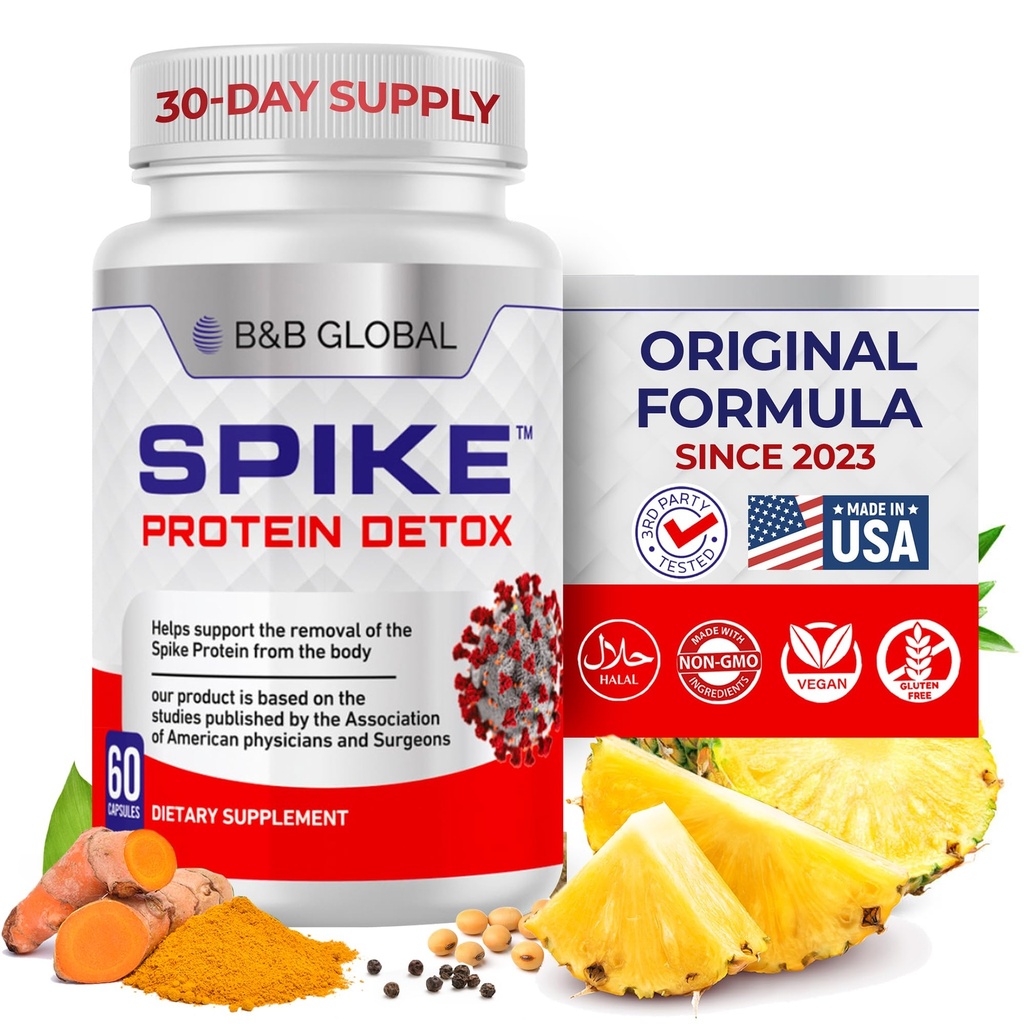 Spike Protein Detox - Spike Dukungan Tambahan Protein - Unflafeted 3-in-1 Blend dengan Nattokinase 4000Fu, Bromelain 500mg, Curcumin 1000mg - Made in AS - 60 Capsules, 30 Day Suppply