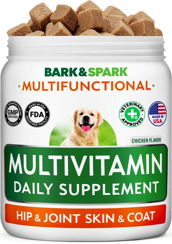 Bark & SPARK Dog Vitamin & Suplemen - Multivitamin Chewable Treats for Dogs - Glucosamin Chondroitin untuk Dukungan Gabungan + Omega untuk Skin & Koat + Program- Multi Vitamin untuk Pets Health - 120Ct