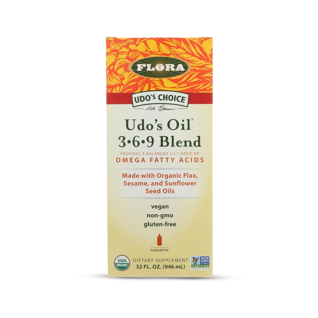 Flora Udo 's Oil 3-6-9 Blend - Vegan Omega- 3- 6, Berisi Kelapa Organik, Flax Benih Minyak & More - Jauhkan Diamkan - 32 fler. oz.