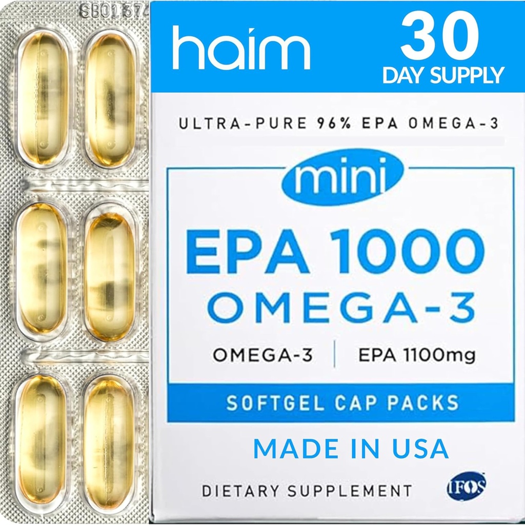 HAIM EPA1000 MINI - Pure EPA Fish Oil Suplement - 1.100mg Omega-3 for Heart, Brain & Joint Health - Potency, Burpless Softgels - Kecil, Easy- To- Swallow Capsules - 60 Softgels - Dibuat di Amerika Serikat