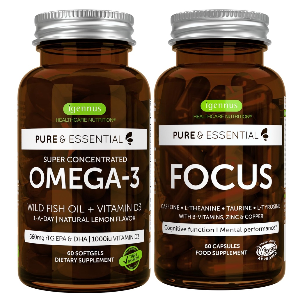 Omega-3 & Vitamin D3 1000iu + Focus Brain Booster Bundle, Fast- Acting 1-a- Day EPA & DHA rTG Wild Fish Oil + Caffeine, L- Theanine, Taurine & L-Tyrosine, B-Vitamin, Zinc & Copper, oleh Igenus