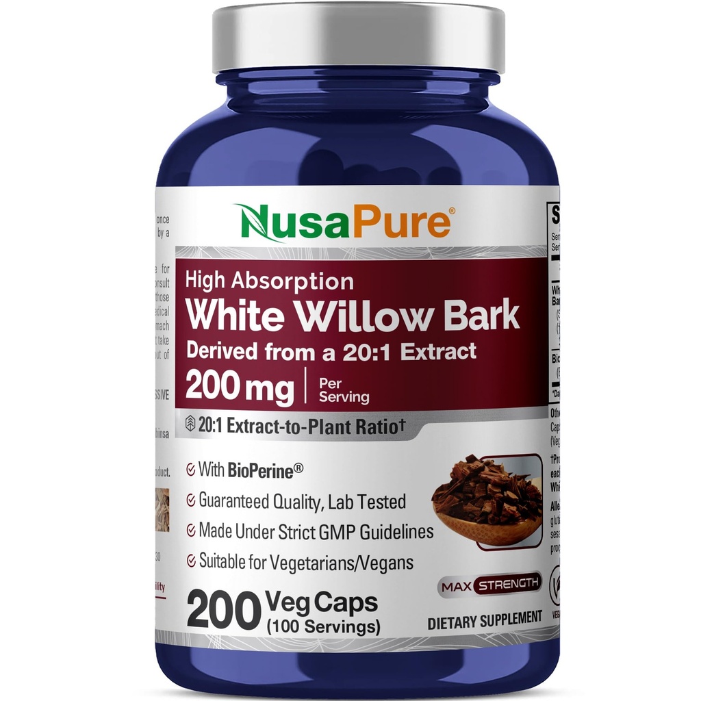 NusaPure White Willow Bark 20: 1 Ekstraksi, 200 mg Equivalen 4000mg, 200 Veggie Capsules, Max Kekuatan, (Non-GMO, Vegan)