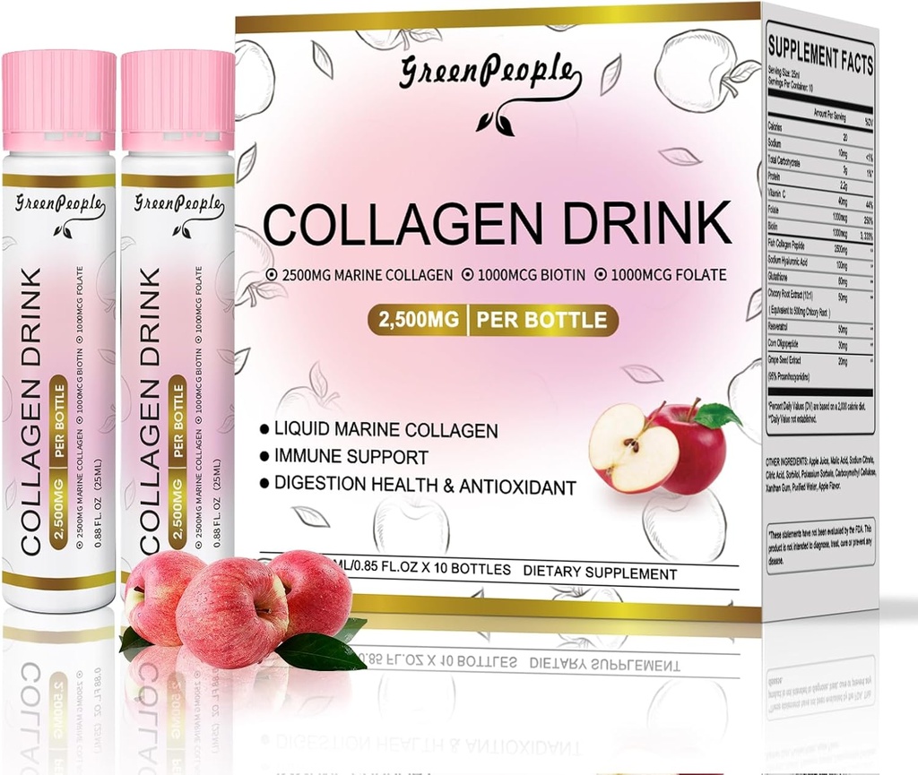 Collagen Liquid Greenpeople for Women & Men, Fish Collagen Peptides + Hyaluronic Acid + Vitamin Bs & C, Hair Skin Nails Joints Bones Dukungan (0.85 quid oz, 10 Botol, Apple)