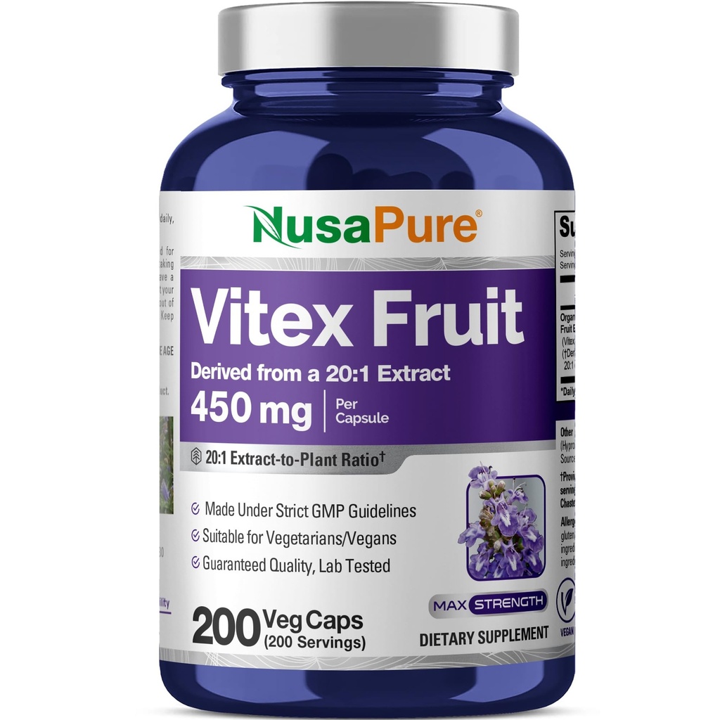 NusaPure Vitex Chasteberry Fruit 20: 1 Ekstrak, 450 mg Equivalen 9.000 mg 200 Vegan Capsules - Non-GMO, Vegan Dietary Supplemen