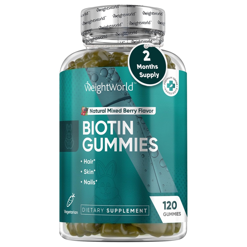 WeightWorld Biotin Gummies for Hair, Skin & Nails 5000mcg - 120 Count (60 Pelayan) - Suplemen Biotin untuk Perempuan & Men - Mixed Berry Sertakan Biotin Gummy - Vegetarian & Test