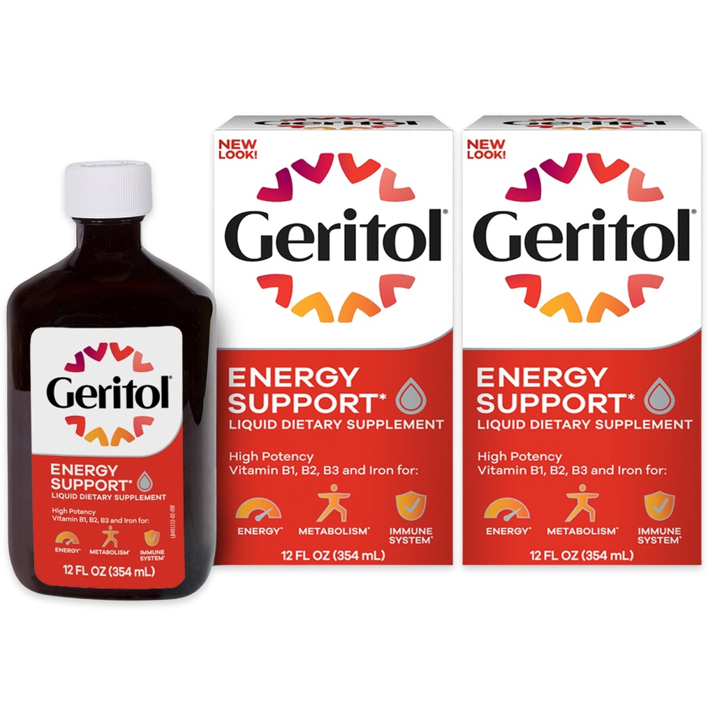 Geritol Liquid Vitamin dan Iron Suplemen, Dukungan Energi, Berisi Potensi Tinggi B-Vitamin dan Besi, Pleasant Tasting, Mudah untuk Swallow, Tidak Manisticial Sweeteners, Non-GMO, 12 Oz, 2 Pack