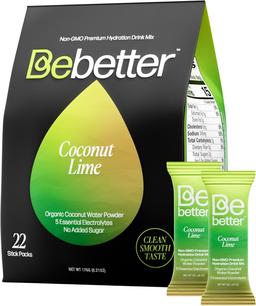 Bebetter Organic Electrolytes Powder Packet 126; Daily Electrolite Drink Mix 124; Organic Coconut Water 12.4; No Articial Flavors 124; Sugar Free Hydration Packets 14; Non-GMO 124; 22 Sticks Pack (Coconut dan Lime)