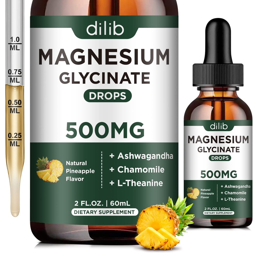 Magnesium Glycinate 500mg - Liquid Magnesium Drops, Ashwagandha, L - Theanine, Chamomile - Calm & Stress Relief, Relax, Restful Sleep, Muscle Heart Health, Vegan - 2 Fl Oz (30 Hari)