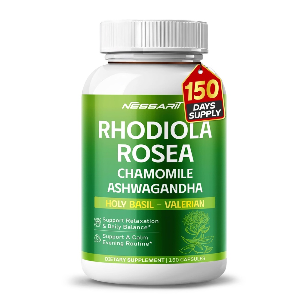 RHODIOLA ROSEA Support - 11 -1 Alami Blend with Chamomile L-Theanine Ashwagandha Holy Basil Passionflower - 150 Count - Made & Test in The USA
