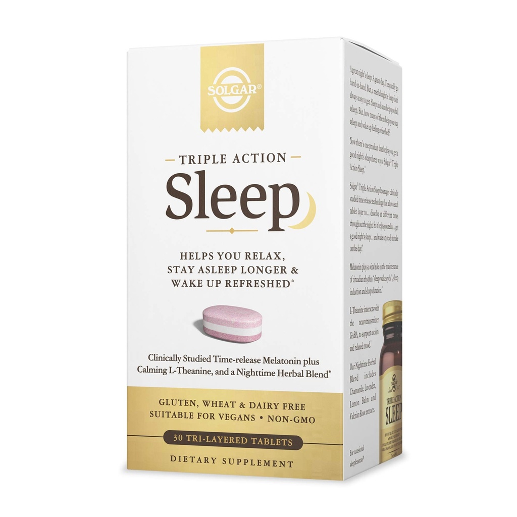Solgar Triple Action Sleep, 30 Tri- Lapis-Time- Rilis Meltonalin & L- Theanine Plus Herbal Blend - Helping You Relax, Fall Asleep Fast & Stay Alover - Non-GMO, Gluten Free - 30 Servings