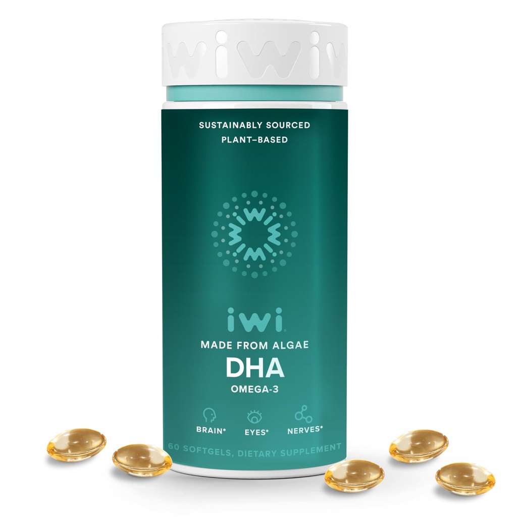 Iwi DHA Omega-3, 60 Softgels (30 Pelayan), Plant - Based Algae Omega 3, Brain, Mata & Nervous System Dupport Dieter Suplemen, Krill & Fish Oil Alternative, No Fishy Aftertaste