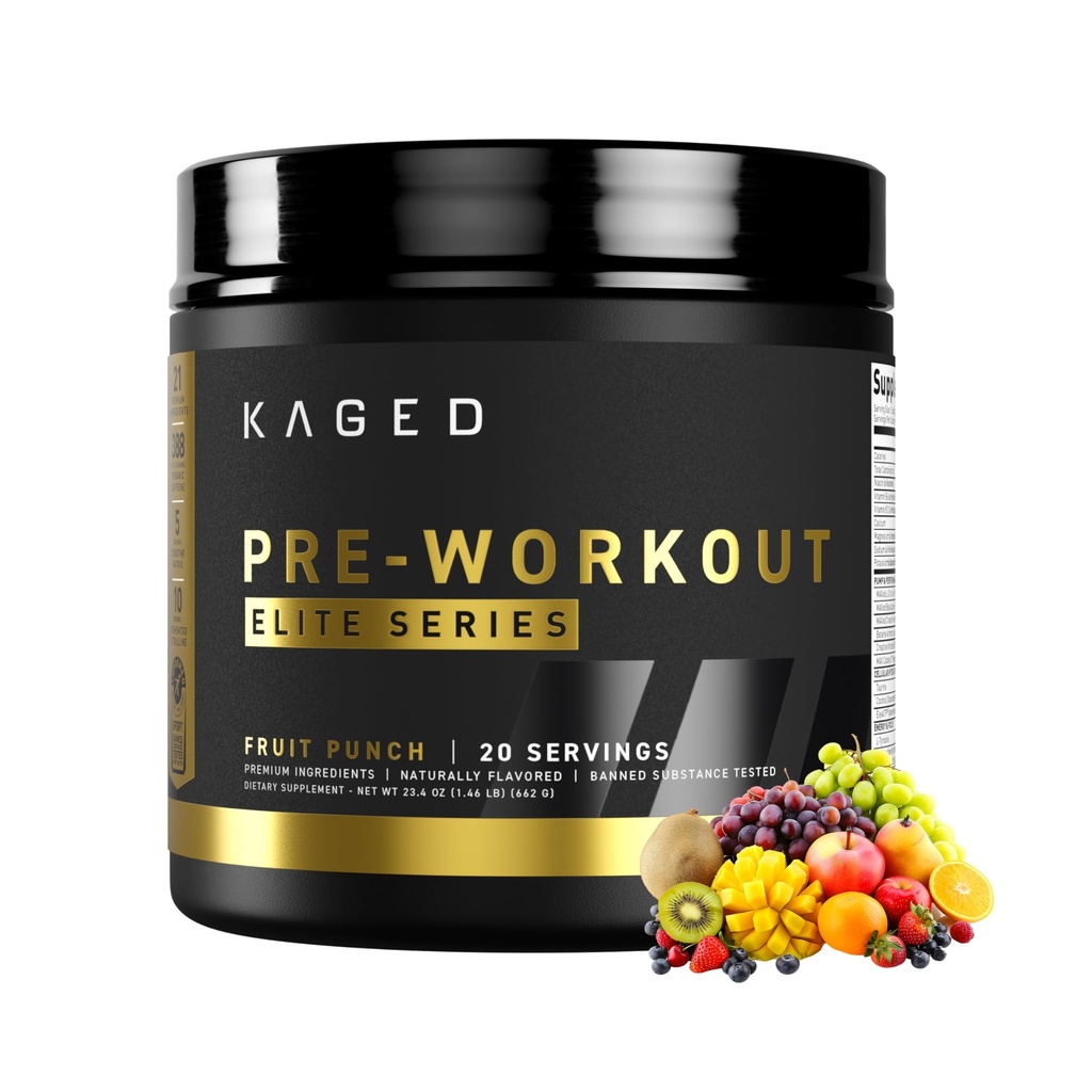 Kaged Pre Workout Elite Powder 124; Fruit Punch 124; Pre-Workout dengan Cretine, Beta Alanine, L-Citrulline, BCAAs 124; 388 mg Organic Caffeine 124; Pra Suplemen untuk Pria & Perempuan 124; 20