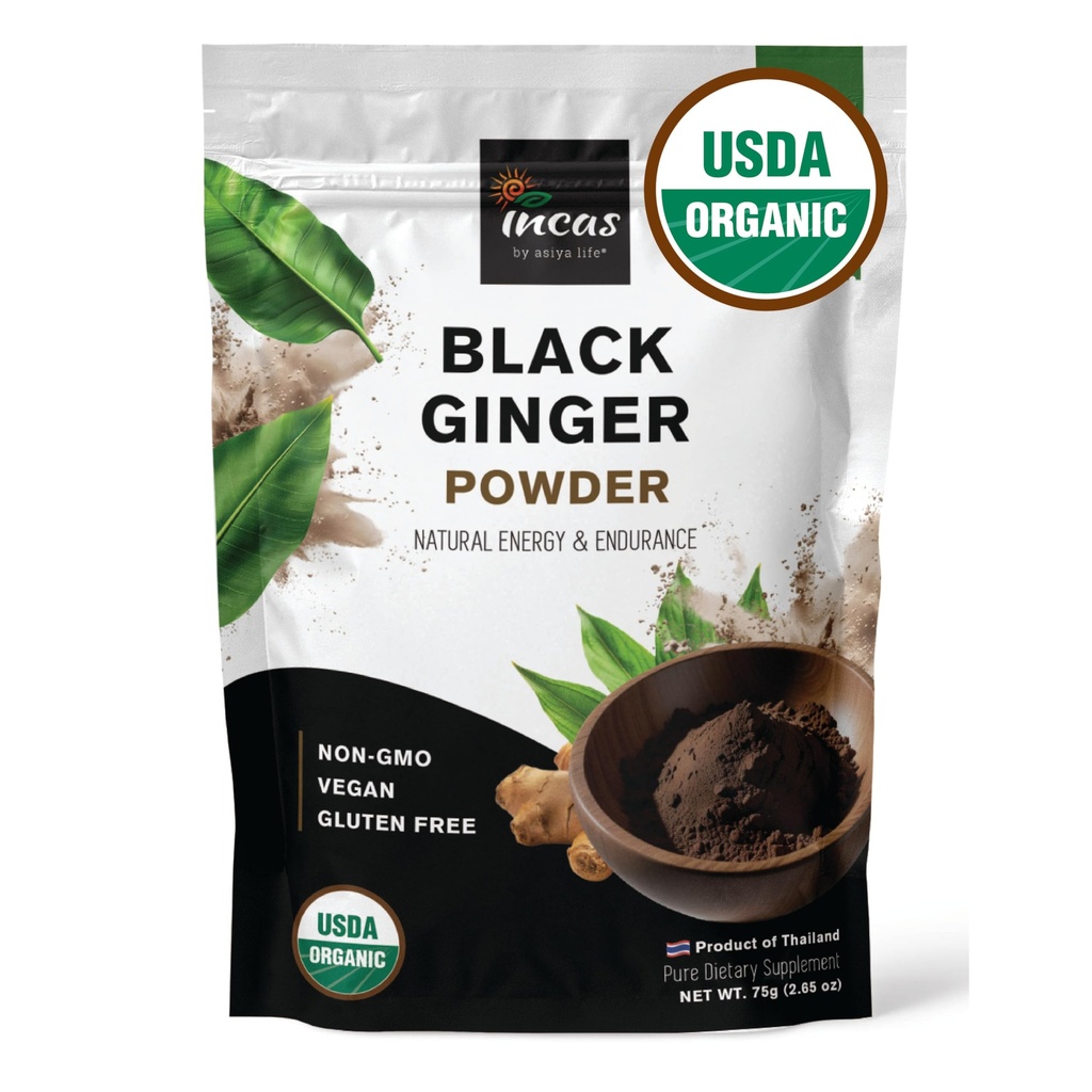 INCAS 100% USDA Organic Thai Black Ginger Powder for Men 2.65 Ounce From Thailand Non GMO Verifikasi Herbal Suplemen untuk Natural Energy & Endurance