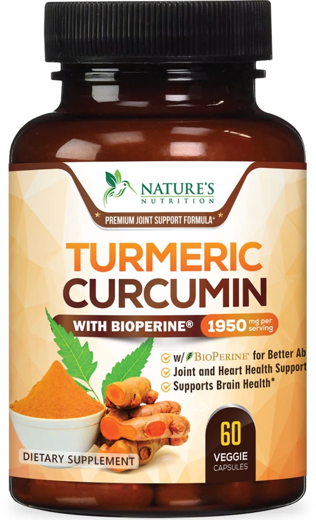 Turmeric Curcumin Supplement 1950mg - 95% Curcuminoids with Organic Turmeric & BioPerine Black Extract for Best Absorpsi, Nature 's Vegan Joint Support, Non-GMO, Bottoms in USA - 60 Capsules
