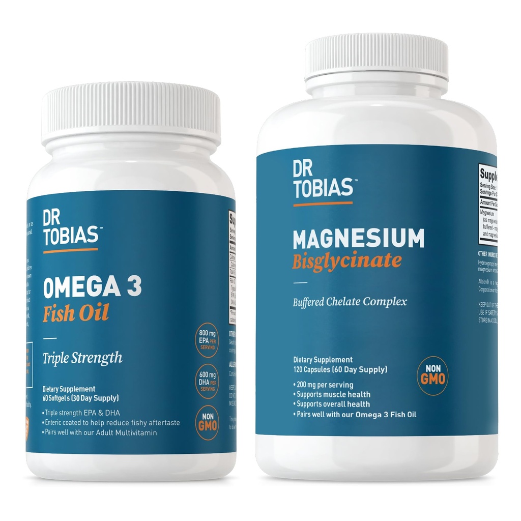 Dr. Tobias Omega 3 Minyak Ikan & Magnesium Bisglycinate Suplemen, Absorpsi Tinggi, Pendukung Hati, Otak, Imune, Energi, Otot, Bone & Joint Kesehatan, Non-GMO