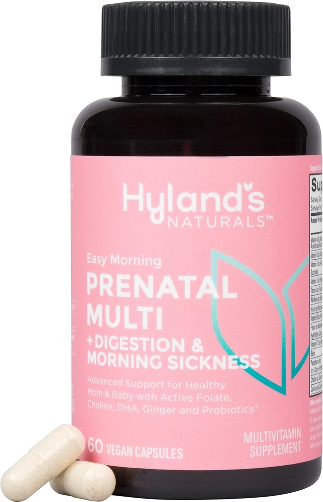 Hiland 's Easy Morning Prenatal Multivitamin and Digetical Health and Morning Sickness Relief, 60 Vegan Capsules with Folate, Chooline, Zinc, Ginger Root, Pregories and Algae DHA
