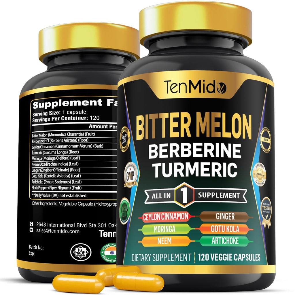 Bitter Melon Capsules - 10in1 Formula - Combine dengan Berberine, Cinnamon Ceylon, Turmeric, Moringa, Neem, Ginger, Gotu Kola, Artichoke, dan Black Pepper - 120 Capsules untuk 4 Bulan Supply
