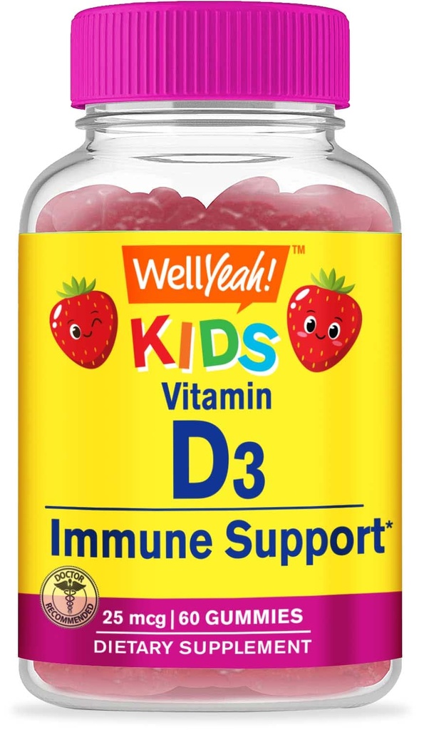 WellYeah Kids Vitamin D3 Gummies - 1000 IU (25 mcg) - Mendukung Kekuatan Tulang dan Kebal - Bukan-GMO, Bebas - Strawberry Flavor - Supplemen Nutonasional - 60