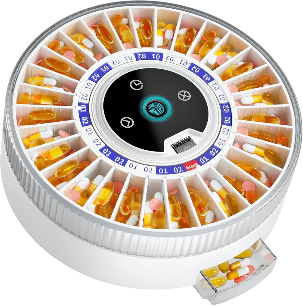 Windtrace ® Bluetooth Automatic Pill Dispenser untuk Alarm, Smart Pil Dispenser dengan 31- Slot, Fingerprint & MeactionDistenser Dual Message, Timed Dispenser Machine for Elderly