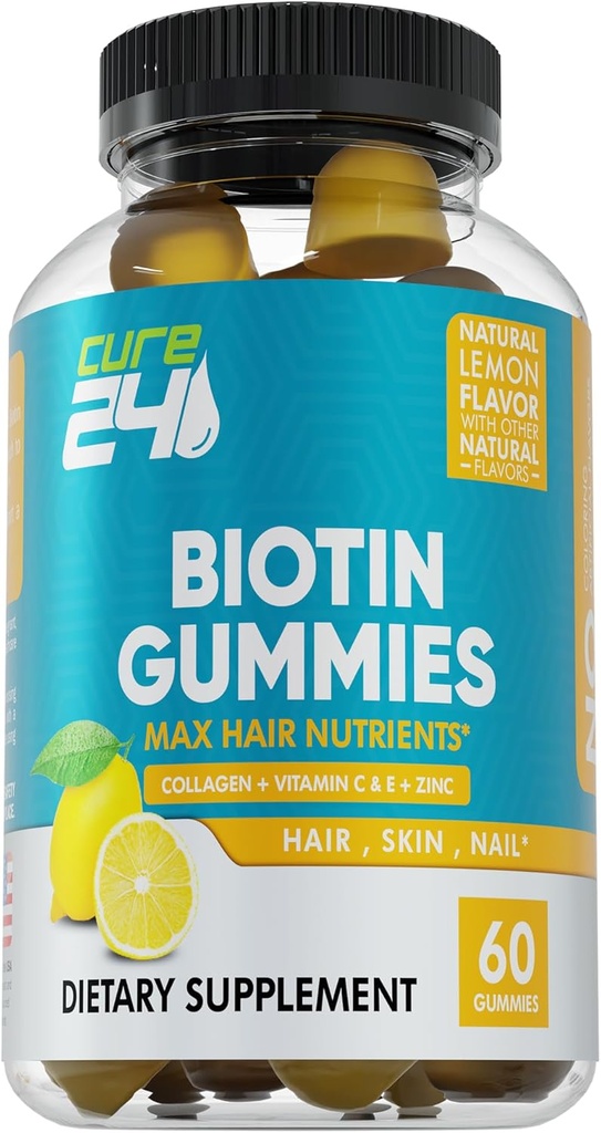 Mie Biotin dengan Vitamin C, E, Collagen, dan Zinc, Biotin Gummies untuk Rambut, Nail, Skin, Dukungan, Dibuat di Amerika Serikat 60 Gummies