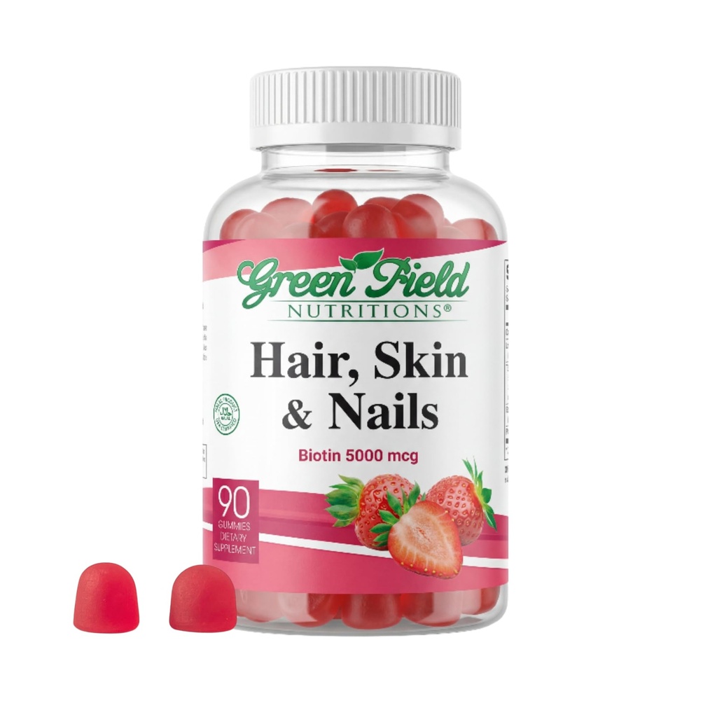 Nuklir Greenfield - Halal Biotin Gumi Vitamin for Hair, Skin and Nails, Support Fat Metabolisme, Hair Growth, Strong Nails & Clear Skin, Ganatin Free, Non-GMO, and Gluten Free - 90 Gummies