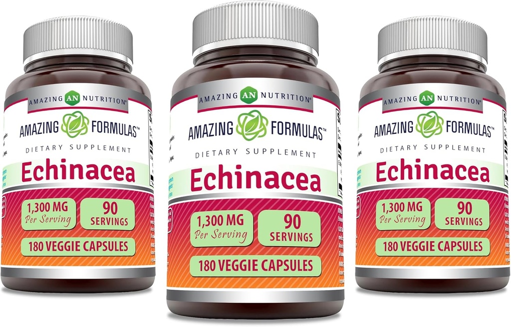 Amazing Formulas Echinacea 124; 1300 Mg 124; Veggie Capsules Suplemen; Non-GMO 124; Gluten Free 124; Dibuat di AS (3 Pack 124; 180 Count)