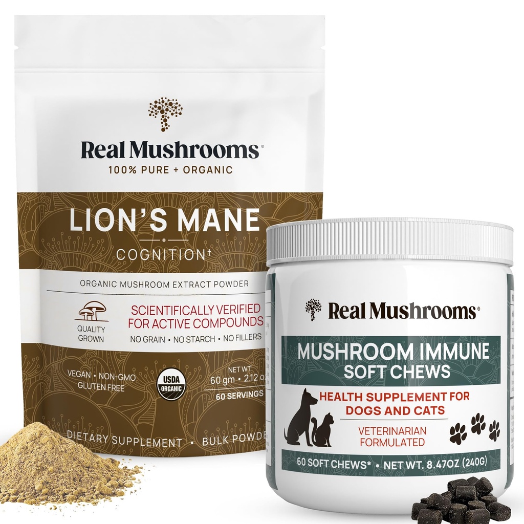 Jamur asli Lions Mane Powder untuk Manusia (60g) & Mushroom Pet Chews (60ct) - Bundle for Cognition & Imunity - Ashwagandha, Astragalus & More - Vegan, Non-GMO, Gluten- Free, Grain- Free