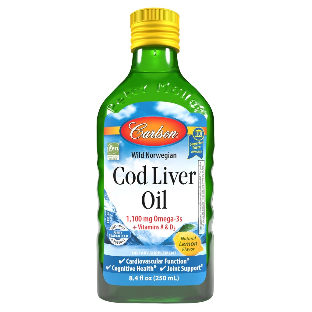 Carlson - Cod Liver Oil, 1100 mg Omega- 3s, Liquid Fish Oil Suplemen, Wild- Caught Norwegia Arktik, Sumpably Sourded Nordic Liquid, Lemon, 250 ml