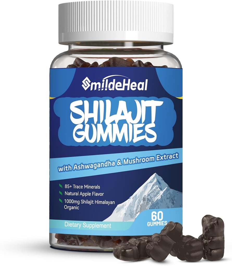 Gummies Shilajit 1000 MG, suplemen Organik Shilajit, 85 + Trace Mineces, dengan Ashwagandha, Mushroom - Energi, Otak, Dukungan kekebalan, untuk Pria & Perempuan - Cacah 60