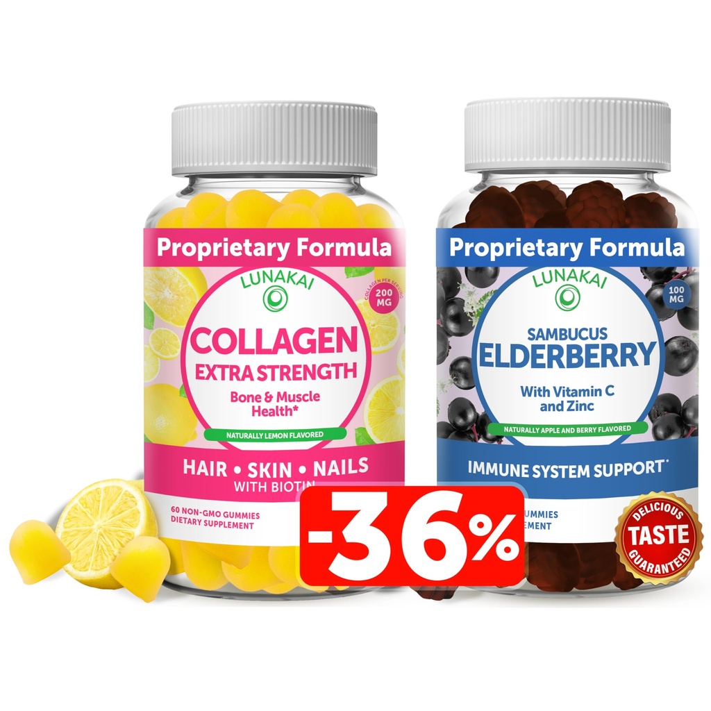 Lunakai Collagen dan Elderberry Gummies Bundle - Anti Aging Suplemen untuk Pria & Perempuan - Dukungan Ammune untuk Dewasa dan Anak-anak - Vegan, Non- GMO, Tanpa Sundal Syrup, Gelatin Bebas, Semua Sambucus Hitam Alami