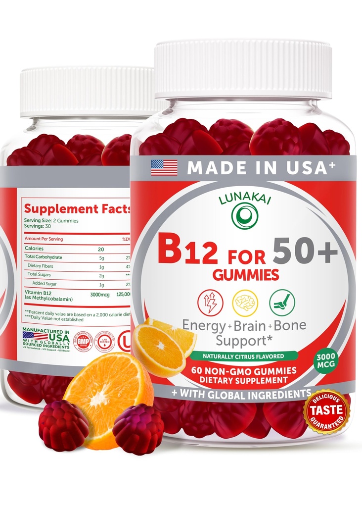 Lunakai USA Made Vitamin B12 Gummies for Dewata 50 +, Non-GMO B12 for Energy & Vitalitas Boost, Delicious Orange Flavor, 60ct