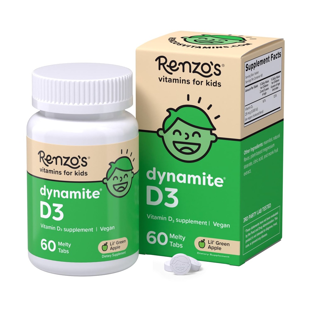 Dinamit Renzo Vitamin D3, Mengabaikan Anak-anak Vitamin D3, 60 Sugar- Bebas Tab Melty, Lil 'Green Apple Flavored