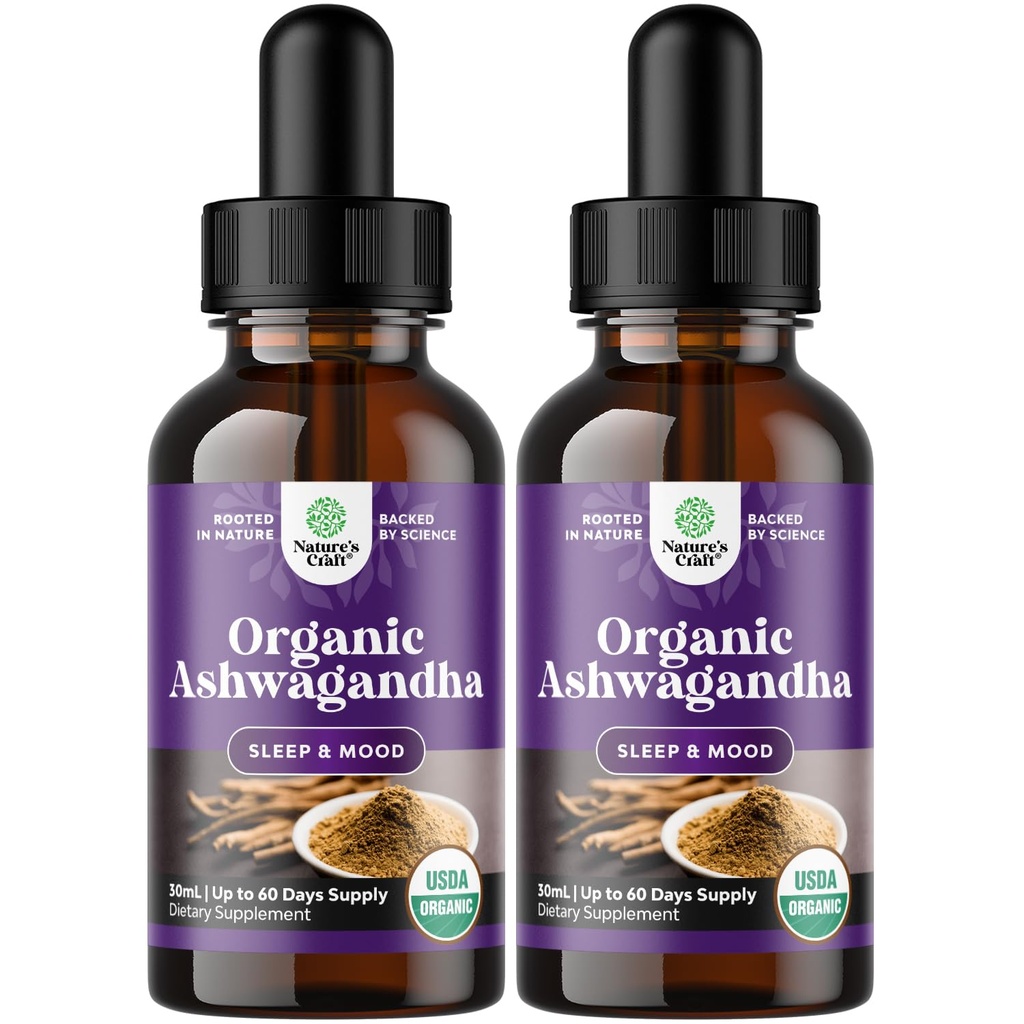 Nature Craft USDA Organic Ashwagandha Liquid Drops - Liquid Ashwagandha Root Extract for Stress and Mood Dupport - Tasty Adaptogenic Tincture Non GMO Vegan Alkohol Gluten dan Gula Free (2 Pack)