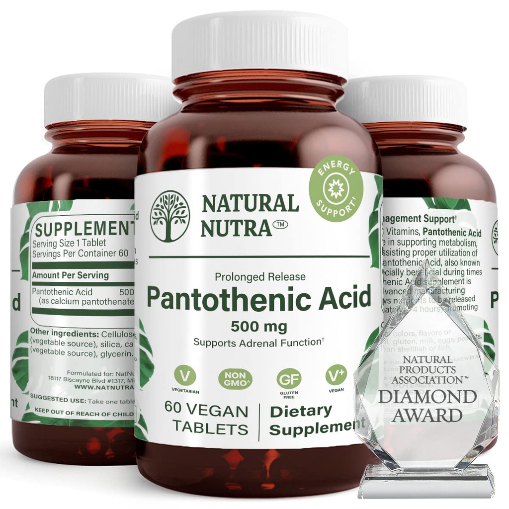 Natural Nutra Time Release Pantothenic Acid 500 mg, Vitamin B5 Suplemen Membantu Break Down Fat and Carbohydrates, Metabolisme dan Energi, Impreve Muscle Health, Mengurangi Skin Sots, 60 tablet Vegetarian