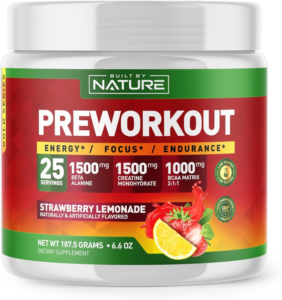 Dibangun oleh Nature Pra Workout Powder dengan Beta Alanine, Creatine Monohydrate, BCAA, L Citrulline, L Arginine dan Caffeine - Strawberry Lemonade Flavor - 25 pelayan