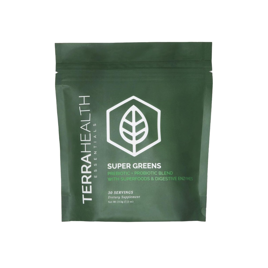 "Terra Health Essentials ® Super Greens 144; Organic Superfood Greens Powder Ofder 124; Gluten- Free Gut- Friendly Programs 124; 30 Servis