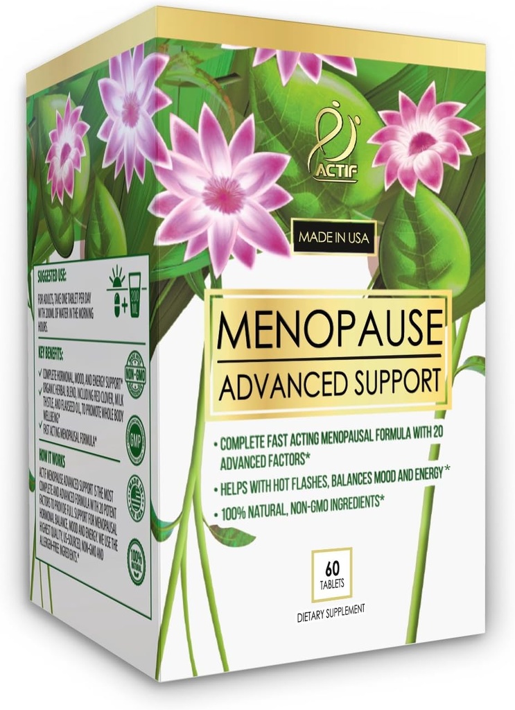 Aktif Menopause Advanced Support dengan 20 + Organic Vitamin and Herbs - Relieves Hot Flashes, Night Sweats - Non GMO, Fast Acting, Made in USA, 60 Count