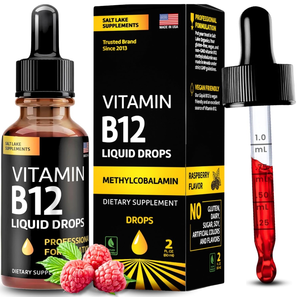 Vitamin B12 Liquid Drops - Vegan B12 vitamin 5000 mcg Methylcobalamin Fast- Acting Sublingual B Complex B Liquid Vitamin B2, B3, B6 - Non-GMO, No Dairy, Soy & Sugar, Raspberry Flavor, 2 FLAZ.