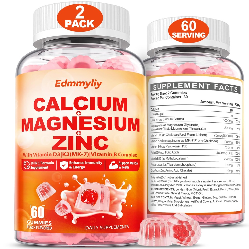 Kalsium Magnesium Zinc Tambahan Gummies dengan Vitamin D3 & B Kompleks untuk Perempuan Pria 1000mg Kalsium Citrat dengan Magnesium Gummies untuk Tulang, Otot & Imune Dukungan, Gula Bebas, Vegan