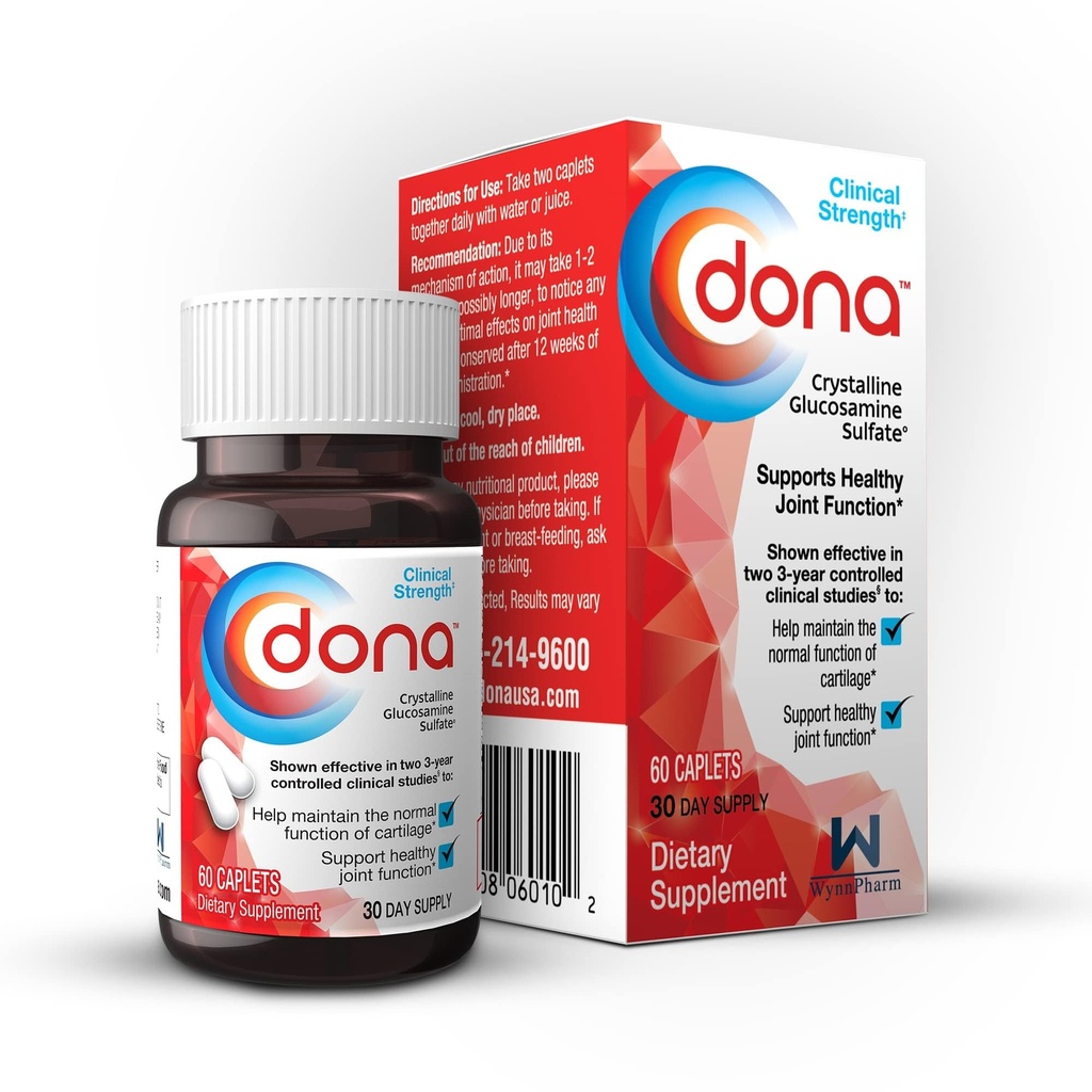 Dona Crystalline Glucosamin Sulfate, 750 Mg, Bersama Pil Tambahan untuk Komfort Knee & Gabungan Kesehatan Dukungan, 750 Mg, 60 Count
