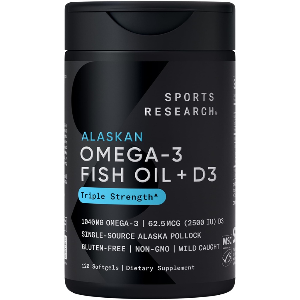 Penelitian Olahraga ® Alaska Omega-3 Minyak Ikan 1040mg + Vitamin D3 2500iu - Mendukung Otak & Kesehatan Hati - MSC Disertifikasi Terapan