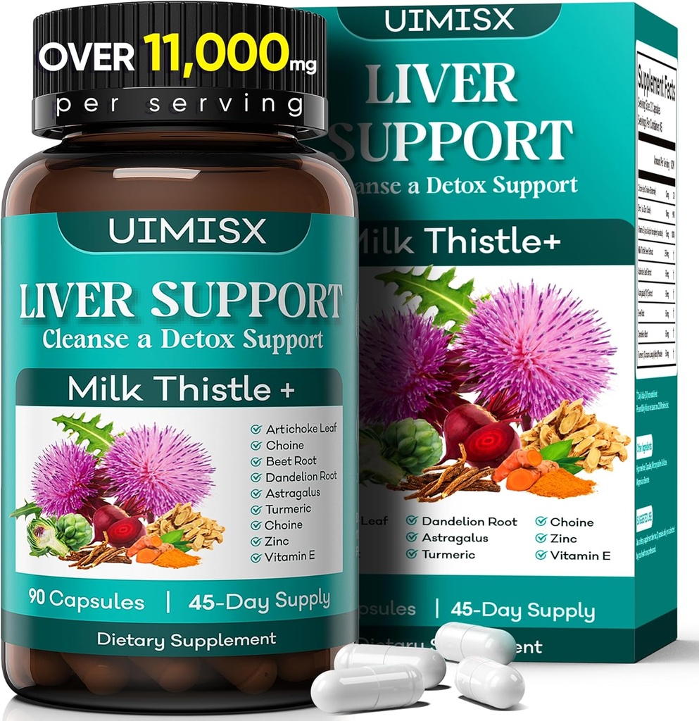 Suplemen Thistle Milk - Liver Detox Cleanse Formula Herbal Liver Dukungan untuk Milk Thistle Root, Dandelion, Artichoke, Turmerac, Astragalus untuk Kesehatan Hati, 90 Capsules