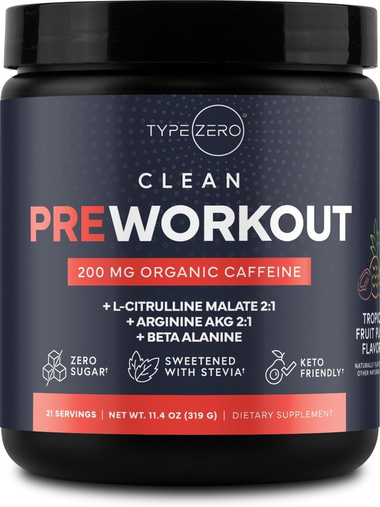 Tipe Zero Clean Pra Workout (11.3 oz, Fruit Punch) + Beet Root + L-Arginine + L-L-Citrulline, 2G Arginine, L- Citrulline Malate, Beta A, Sugar Free, Organik Caffeine Preatment for Men & Women