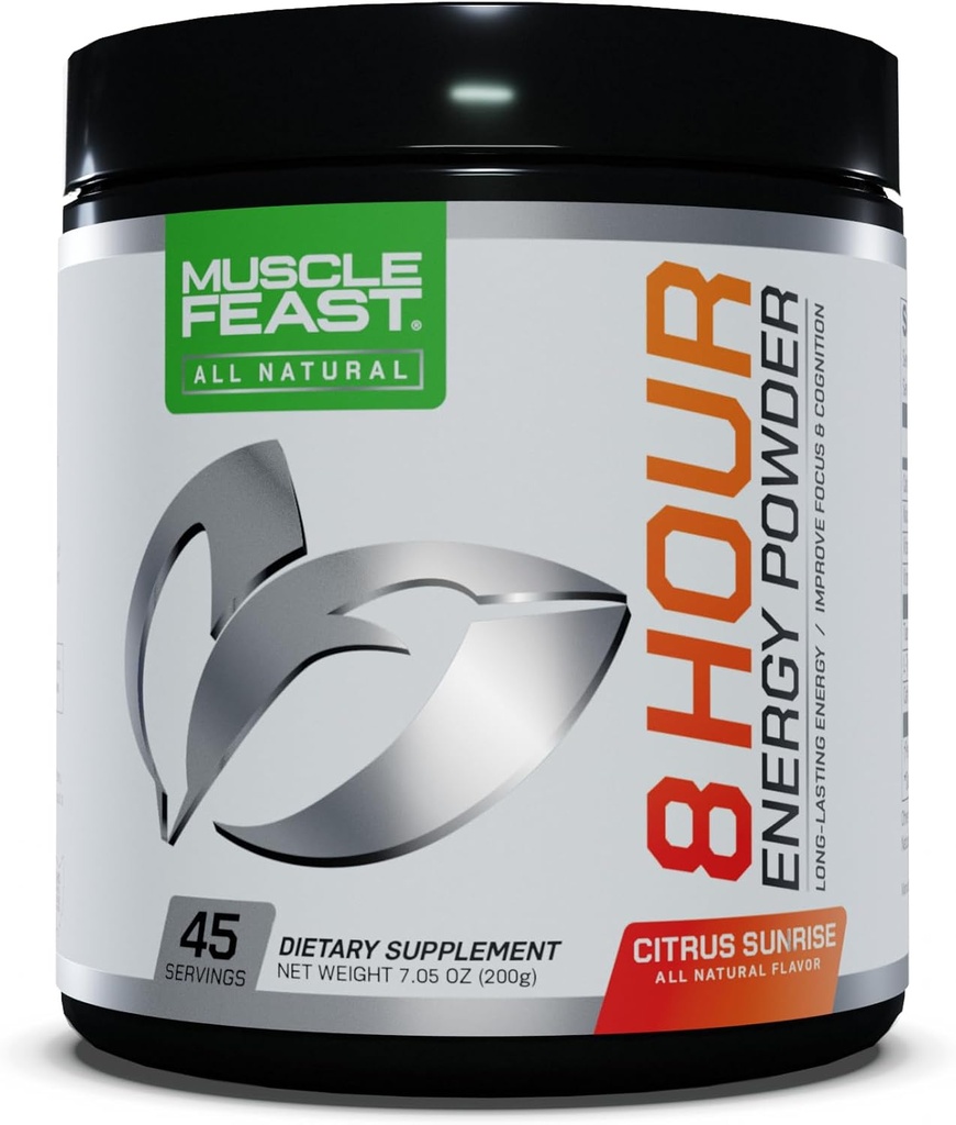Muscle Feast 8 Hour Energy All Natural No Articial Ingredians Keto- Friendly Sweetened, Precrus Workout, Citrus Sunrise, 200g